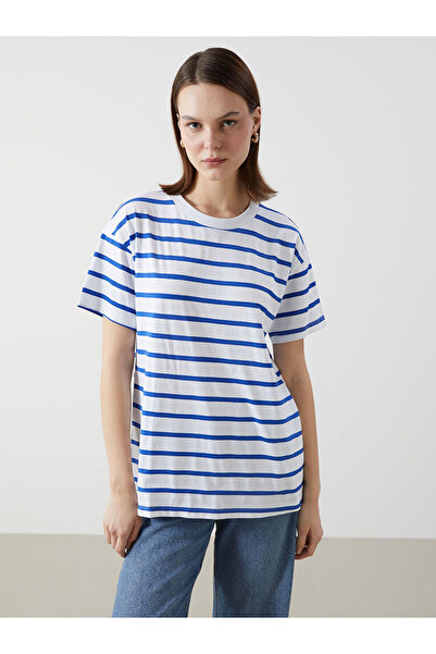 LC Waikiki Синя футболка з коміром у смужку для жінок