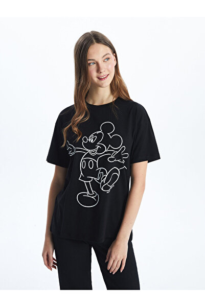 LC Waikiki Nevavm Women's T-Shirt with Oval Collar and Mickey Mouse Print