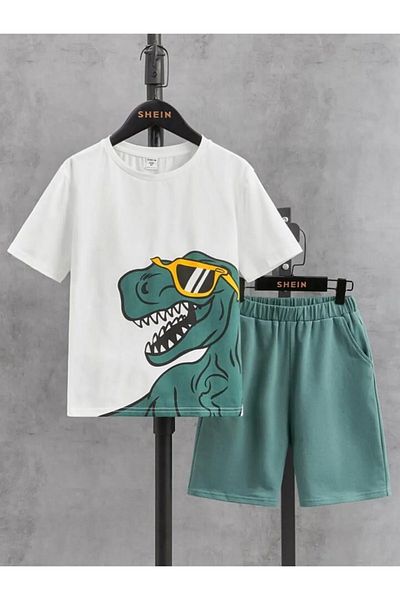 GLOWES Unisex Kids Bottom Green Dinosaur Printed Shorts Set