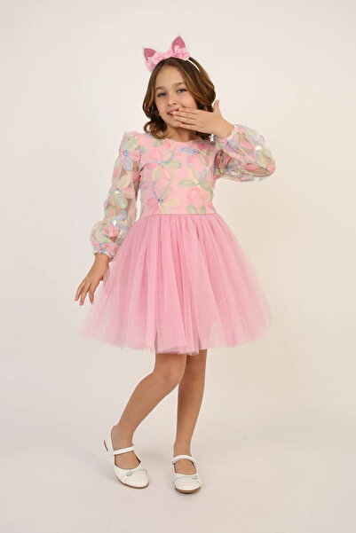 Genel Markalar Kız Çocuk Pembe Karışık Renkli Çiçek Desenli Kolları Tül Elbise 23 Nisan 29 Ekim Gösteri Kıyafeti