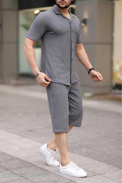 Know Men's Anthracite Waffle Fabric Capri Shorts Shirt Set
