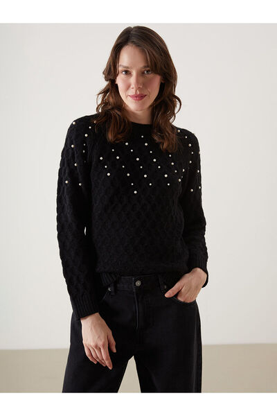 LC Waikiki Damen-Strickpullover mit Rundhalsausschnitt und Perlenstickerei