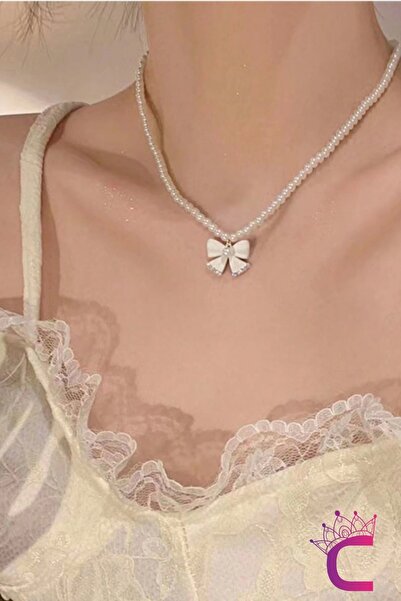 Cinderella Zarif Mini İncili Zirkon Taşlı Kelebekli Kadın Kolye - Hediyelik Gerdanlık Kolye