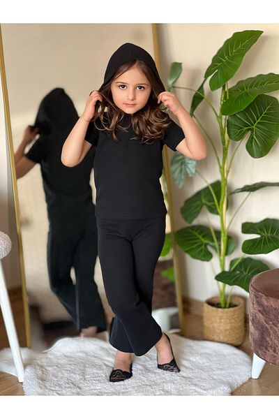 renkli diyar Girls Children's Bottom Top Suit Hooded Short Sleeve and Spanish Leg Trousers