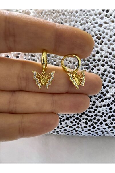 Arescollection rodyum kaplama zirkon taşlı kararmaz 1 çift kelebekli halka küpe