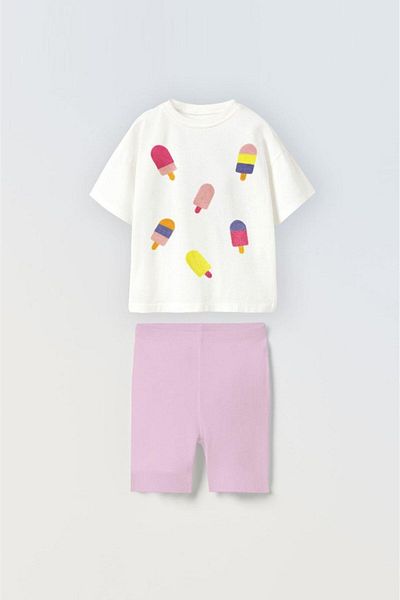 Magu Girl's Cotton Ice Cream Patterned T-shirt and Shorts Set - Süzezne Fabric
