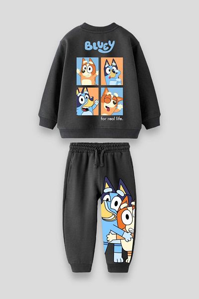 Magu Black Bluey Patterned Cotton Sweatshirt and Sweatpants Set for Boys