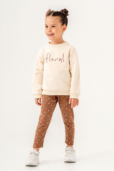 Magu Girl's Floral Patterned Winter 3 Thread Cotton Sweatshirt Tights Top and Bottom Buckle Set