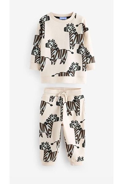 Magu Boy's Zebra Patterned Cotton Sweatshirt and Sweatpants Set