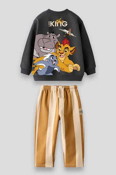 Magu Boy's Lion King Lion King Patterned Winter 3 Thread Cotton Sweatshirt Tracksuit Top and Bottom Set