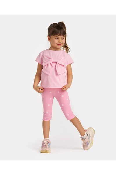 Magu Girl's Ribbon Patterned Poplin T-shirt Biker Tights Top and Bottom Set
