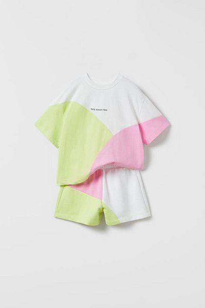 Magu Unisex Kids Block Patterned Cotton T-shirt Shorts Top and Bottom Set