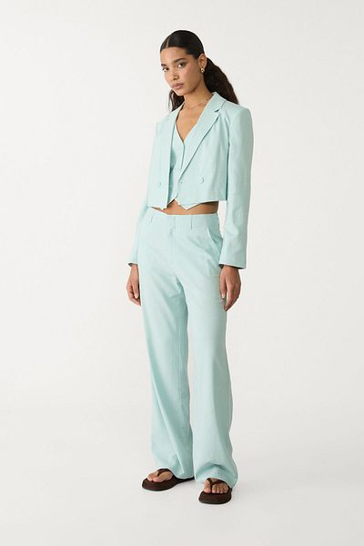 Stradivarius Linen blend cropped blazer with tied back