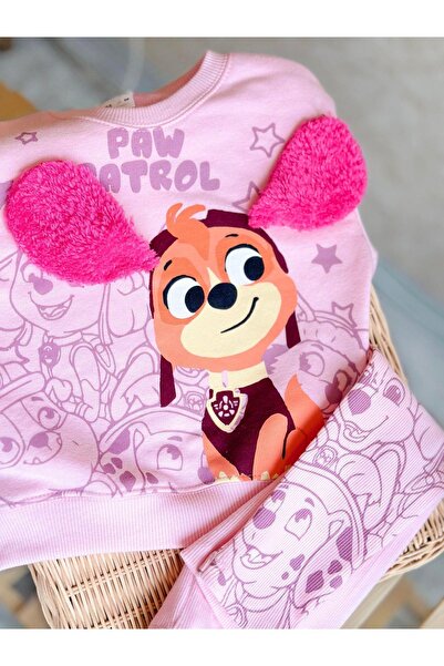 Magu Pink Paw Petrol Patterned Girl's Sweatshirt and Tights - 3 Thread Cotton Set