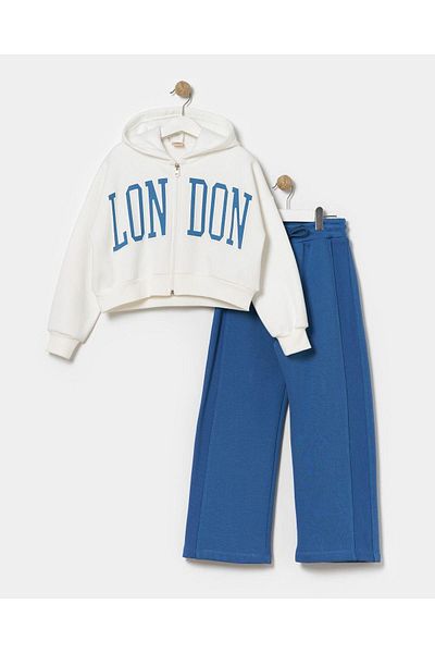 Magu Girl's Winter London Patterned Hooded Cotton Jacket Tracksuit Top and Bottom Set