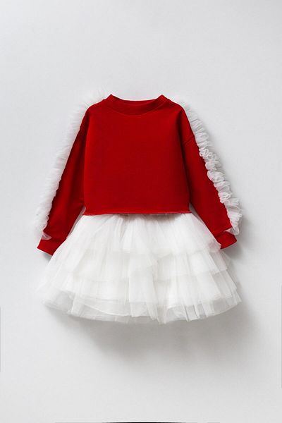 Magu Pink Cotton Ruffle Sweatshirt Tulle Skirt Bottom-Top Set Girl