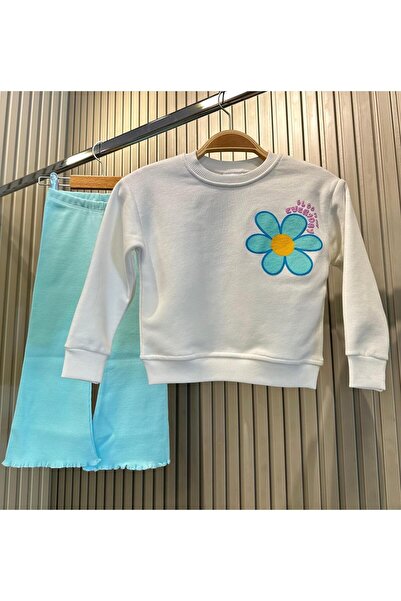 Magu Blue Floral Patterned Cotton Sweatshirt and Ribbed Leggings Set for Girls