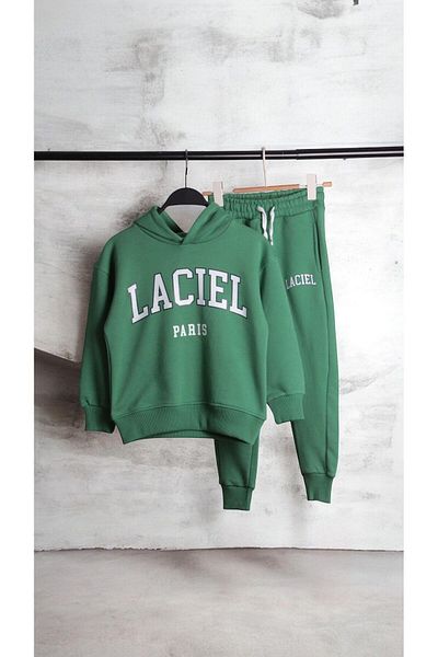 Magu Unisex Children's Green Slogan Winter Cotton Hooded Sweatshirt Tracksuit Tights Top and Bottom Set