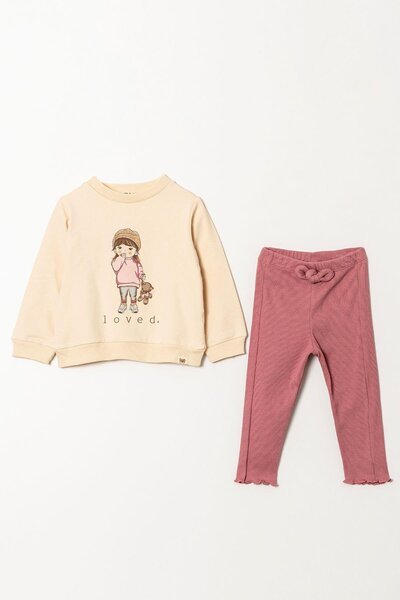 Magu Patterned Cotton Sweatshirt and Tights Set for Girl - Loved