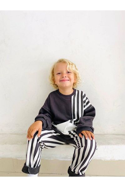 Magu Black Striped Cotton Sweatshirt and Sweatpants Set for Boys