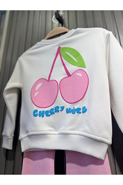 Magu Cherry Patterned Cotton Sweatshirt and Ribbed Leggings Set for Girls