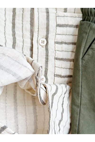 Magu Boy's Polo Collar Striped Shirt and Denim Shorts Set