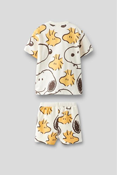 Magu Unisex Kids Ecru Snoopy Printed Cotton T-shirt Shorts Top and Bottom Set