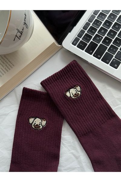 AYDK Dog Embroidered Cute Sweet Summer Winter Claret Red Unisex Single Socket Socks.