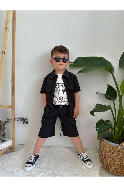 Magu Wolf Pattern Parachute Fabric Jacket and T-Shirt Shorts for Boy - 3 Piece Set