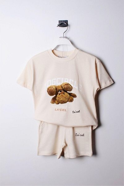 Magu Unisex Children's Coffee Teddy Teddy Bear Patterned Cotton T-shirt Shorts Bottom-Top Set