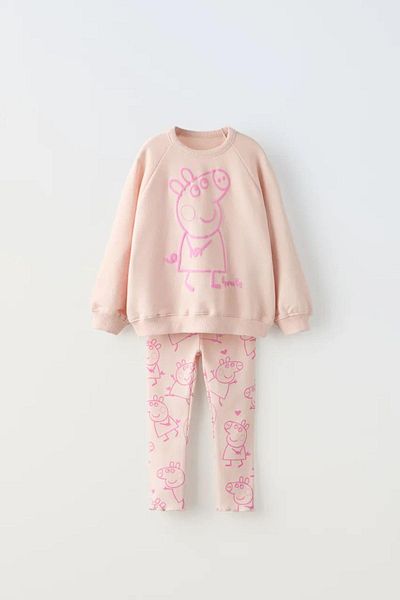 Magu Girl's Peppa Patterned Winter 3 Thread Cotton Sweatshirt Tights Top and Bottom Set