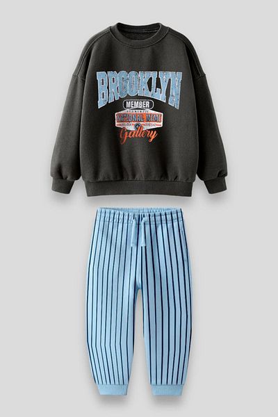 Magu Boys' Brooklyn Patterned Slogan Winter 3 Thread Cotton Sweatshirt Tracksuit Top and Bottom Set