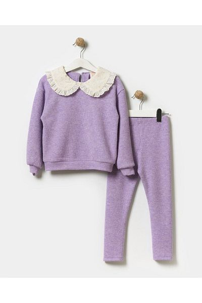 Magu Girl's Purple Baby Collar Cotton Sweatshirt Tights Top and Bottom Set