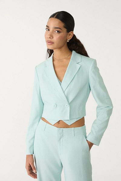 Stradivarius Linen blend cropped blazer with tied back