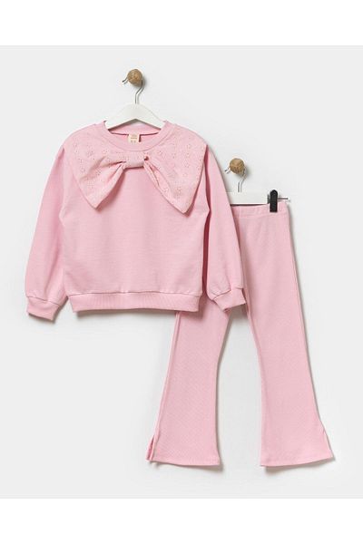 Magu Pink Ribbon Patterned Girl's Sweatshirt and Spanish Tights Set
