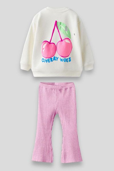 Magu Cherry Patterned Cotton Sweatshirt and Ribbed Leggings Set for Girls