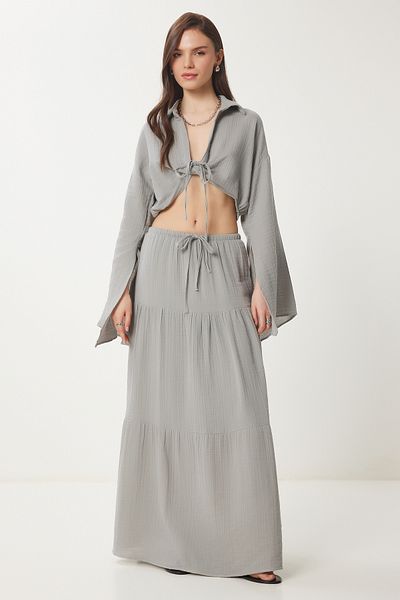 Lovelyİstanbul Muslim Crop-Skirt Suit Gray Lus0088