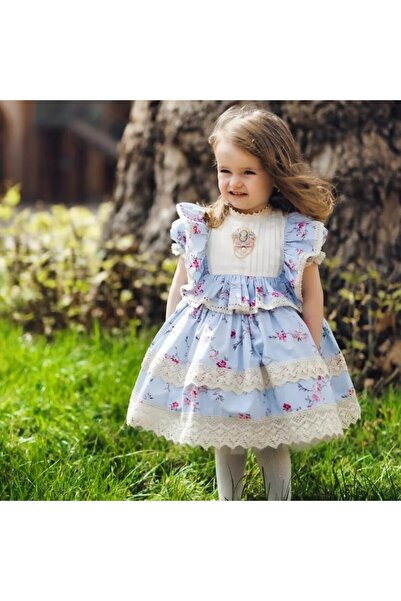 Linarookids Mavi Dantelli Vintage Kız Bebek Elbisesi,Doğum günü,fotoğraf çeki...