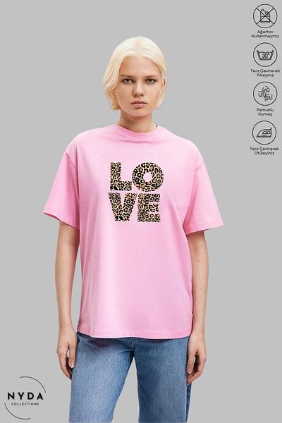 Nyda Collections Γυναικείο μπλουζάκι με κοντό μανίκι Leopard Love Heart με στάμπα από βαμβακερό oversize