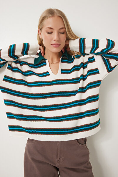 Lovelyİstanbul Pulover tricotat cu dungi cu gât polo CREAM GREEN EMERALD LUS0090