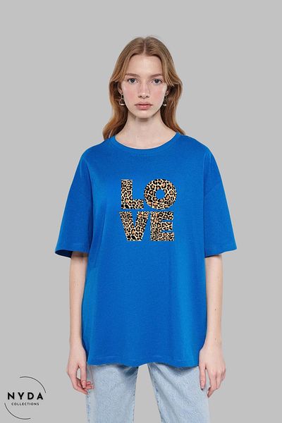 Nyda Collections Γυναικείο μπλουζάκι με κοντό μανίκι Leopard Love Heart με στάμπα από βαμβακερό oversize