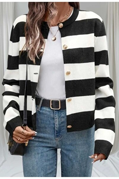 KOZİA OUTDOORS malkoçbey Μαύρο πλεκτό ριγέ κροπ ζακέτα