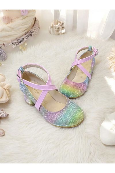 pediashoes حذاء سهرة بكعب مربع ملون بألوان قوس قزح للفتيات