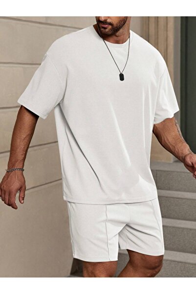 Tarzsokak Manfinity Homme Loose Fit Erkek Düz Renk Düşük Omuzlu Tişört ve Şort