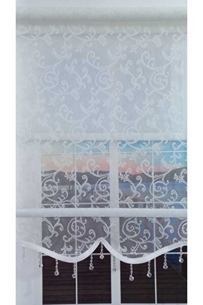 BULUT Çift Mekanizmalı Sarmaşık Desen Boncuklu Tül Stor Perde Beyaz