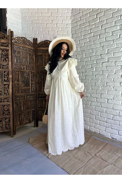 moneta boutique Γυναικείο μωρό γιακά με δαντέλα με λεπτομέρεια μακρύ φόρεμα με φασόλια