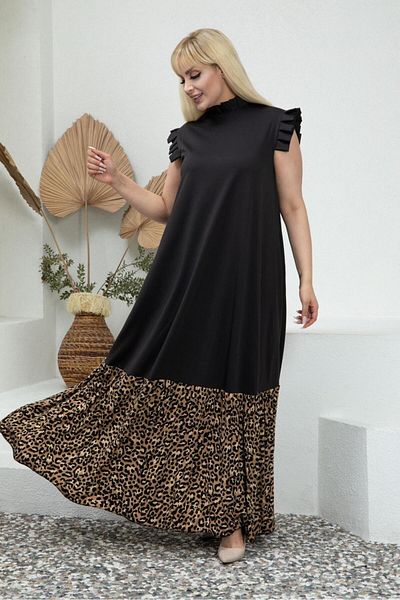 fly just Women's Plus Size Double Crepe Dress with Lapel Sleeves Pleat Detail Hidden Pockets Skirt Leopard