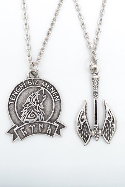 Bu Farklı 2'li Tengri Biz Menen - Bozkurt - Türk -Çift Taraflı Balta Gümüş Ka...