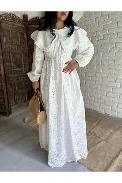moneta boutique Γυναικείο μωρό γιακά με δαντέλα με λεπτομέρεια μακρύ φόρεμα με φασόλια