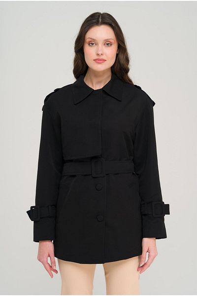 Olcay Lined Short Trench Coat with Cape and Belt Black 6689